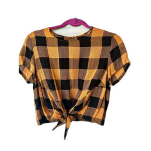 Mustard Self-Tie Plaid Lightweight Cropped Top